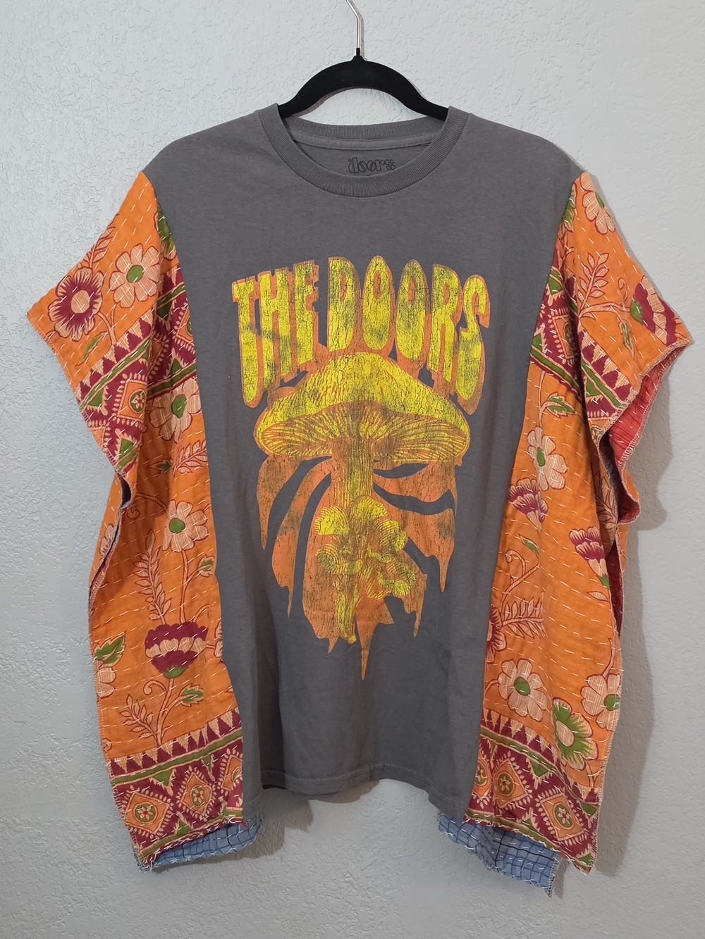Upcycled The Doors Graphic Tee Kantha Poncho Gray & Orange OS Fits Most